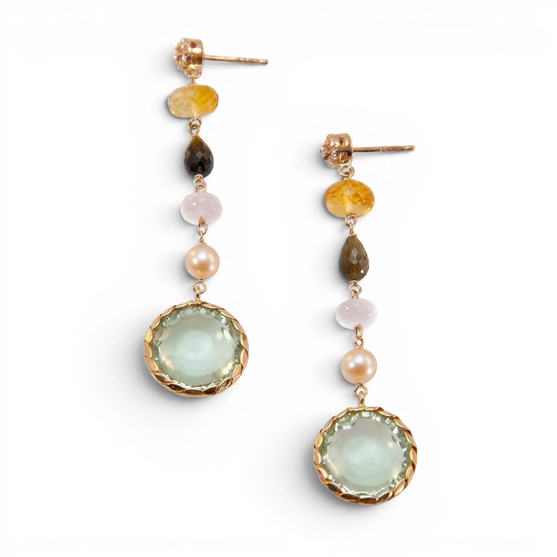 Trebor Style 18k yellow gold drop earrings featuring bezel set green amethyst, citrine, quartz, pearl, and diamonds.