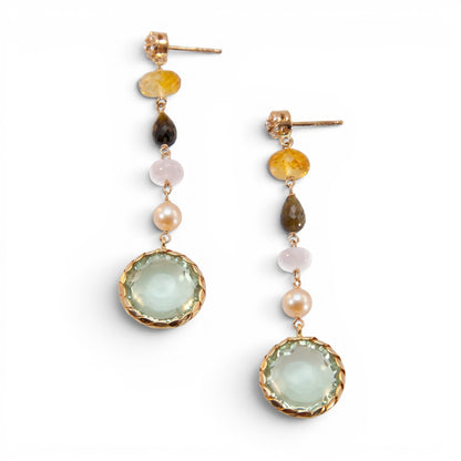 Trebor Style 18k yellow gold drop earrings featuring bezel set green amethyst, citrine, quartz, pearl, and diamonds.