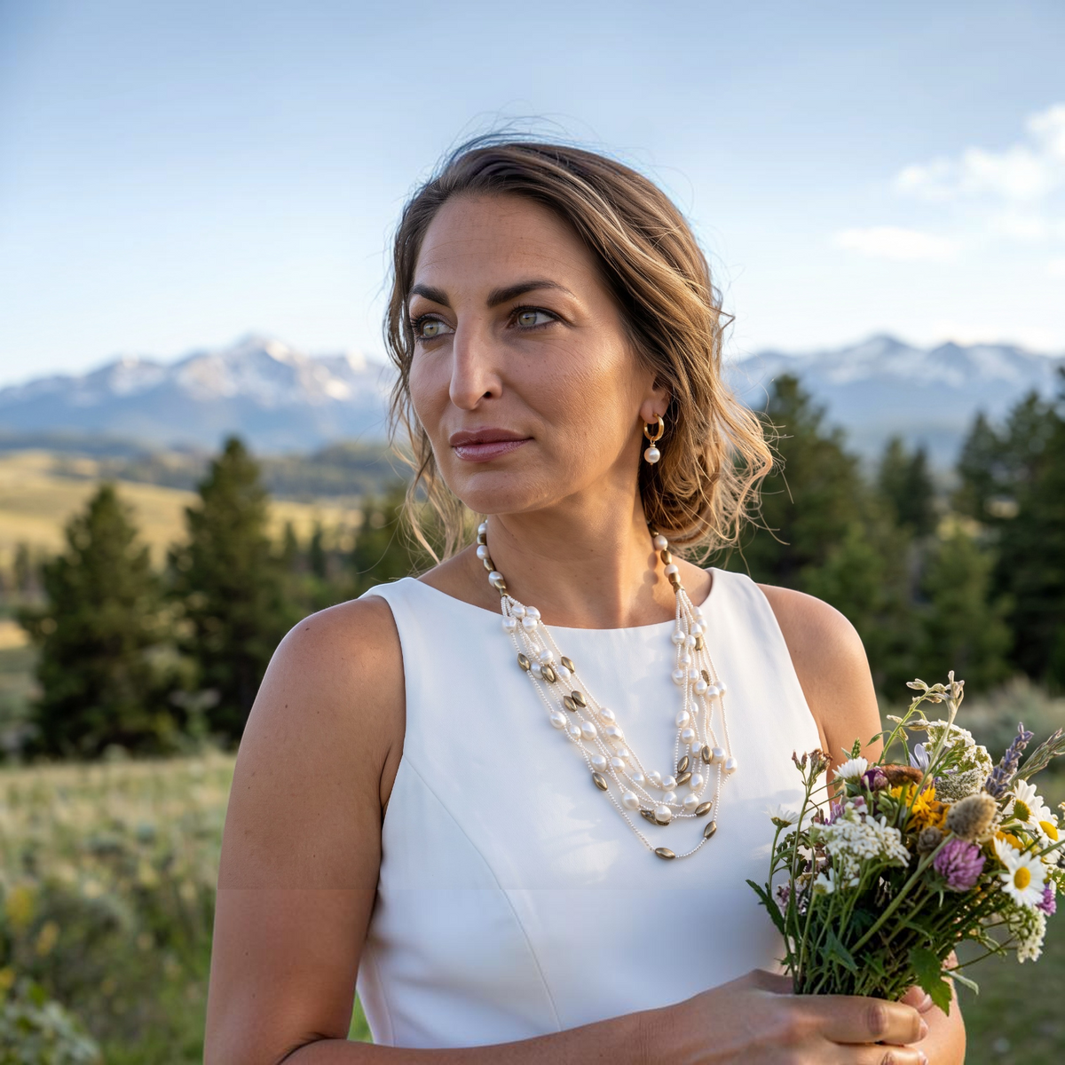 Trebor Style multi-strand freshwater pearl and gold bead necklace worn by a woman with a mountain backdrop