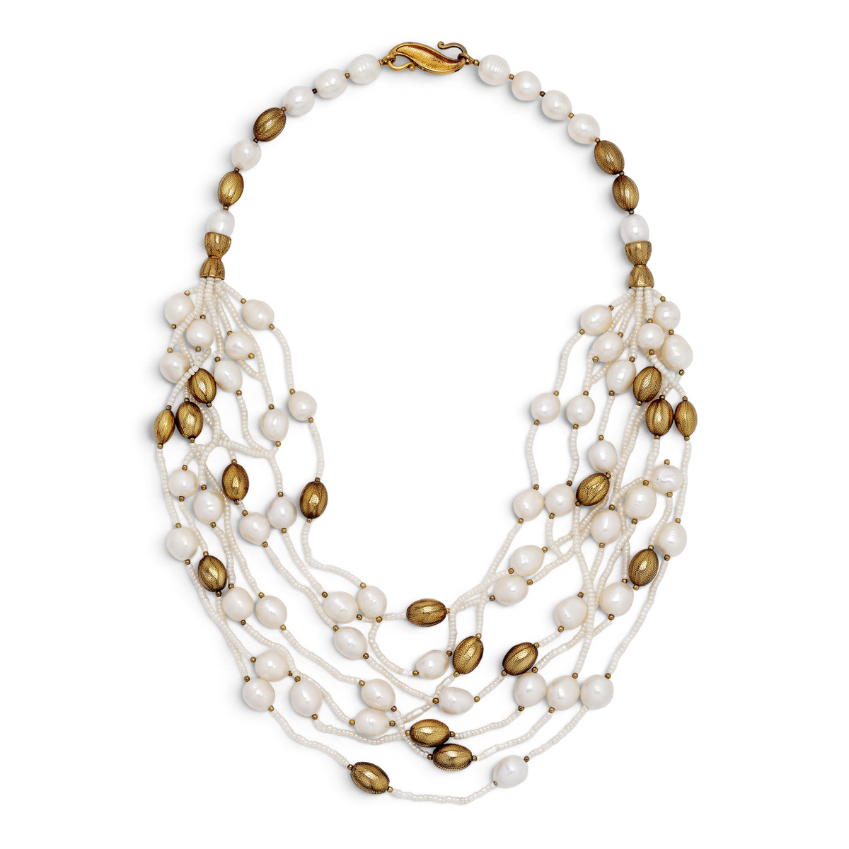 Trebor Style multi-strand necklace featuring white freshwater pearls, seed pearls, and 14k gold plated oval beads.