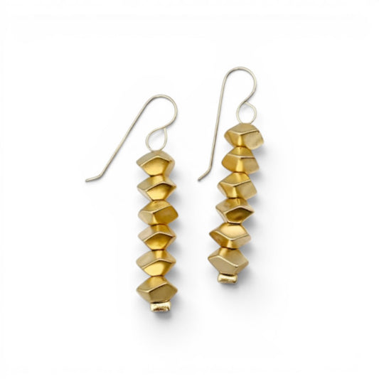 Trebor Style Nael dangle earrings featuring geometric 24k gold plated beads on silver hooks, 5cm long.