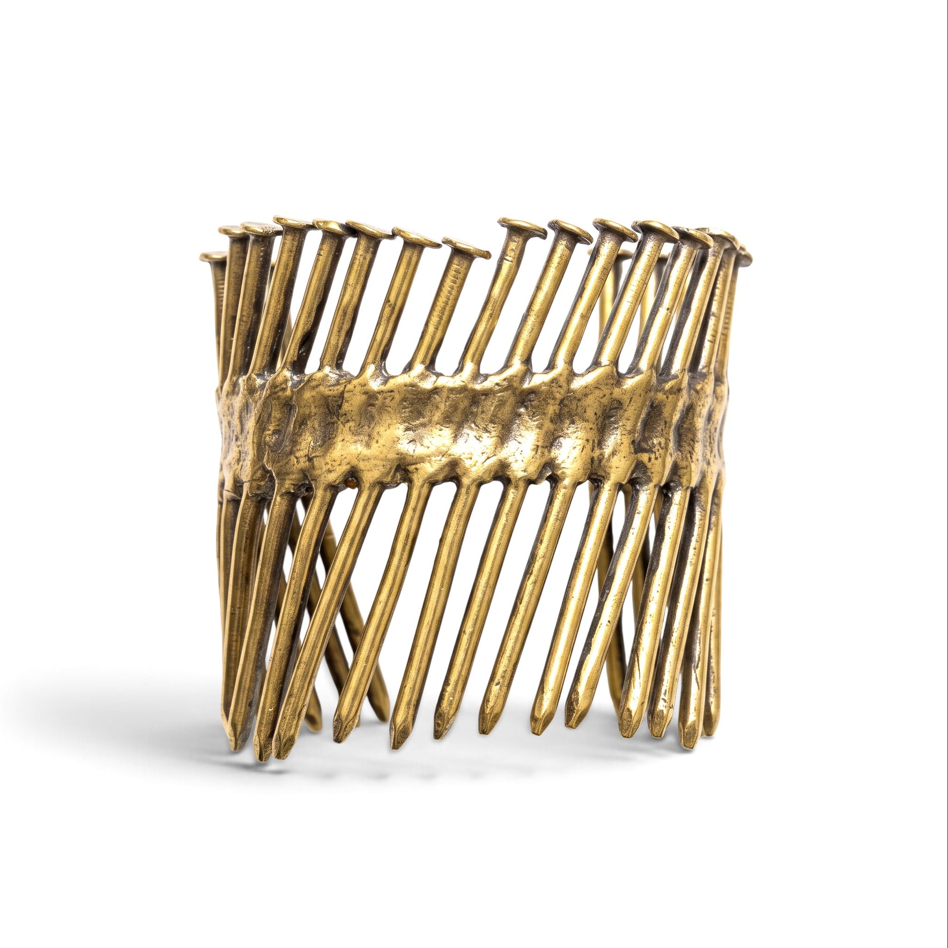 Trebor Style industrial cuff bracelet cast from reclaimed copper and zinc nail gun nails with a gritty metallic finish