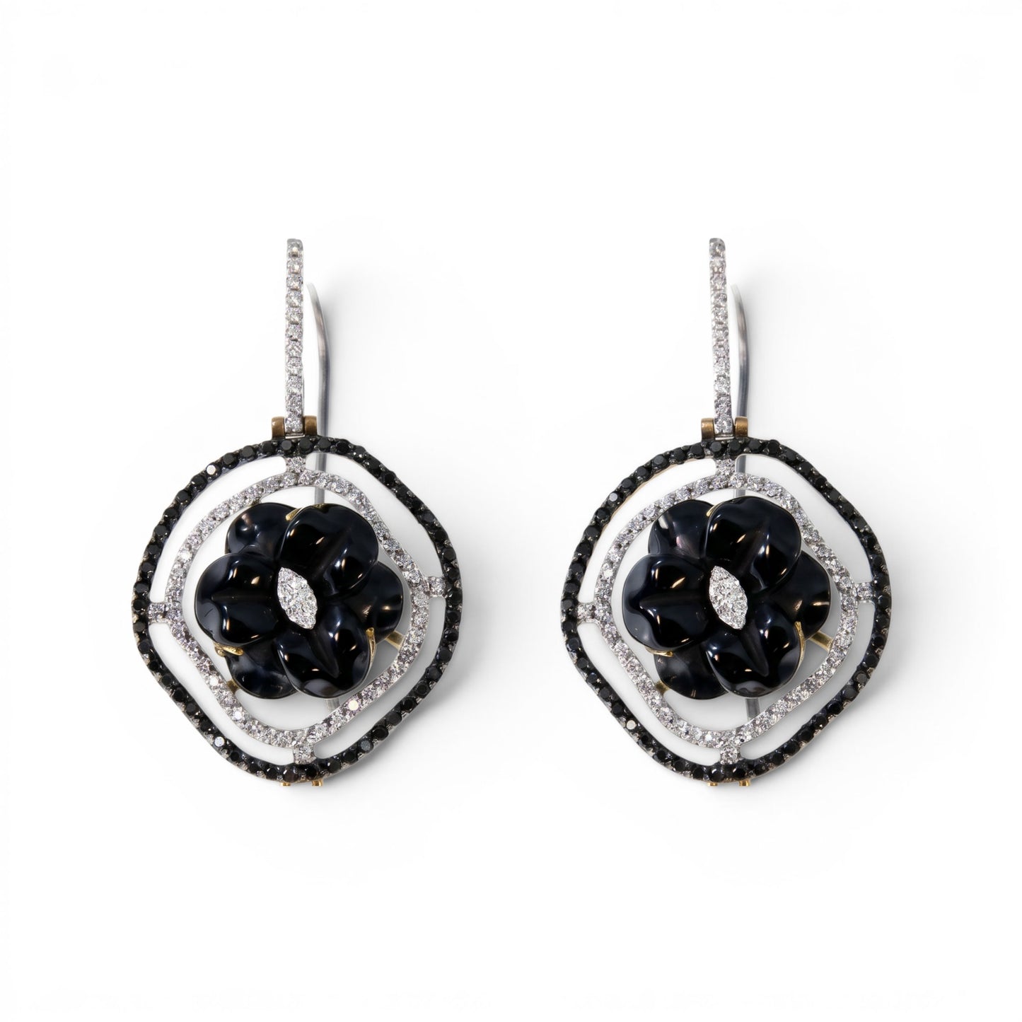 Trebor Style 18k gold drop earrings featuring a black onyx flower, pave white and black diamonds, and a keshi pearl.