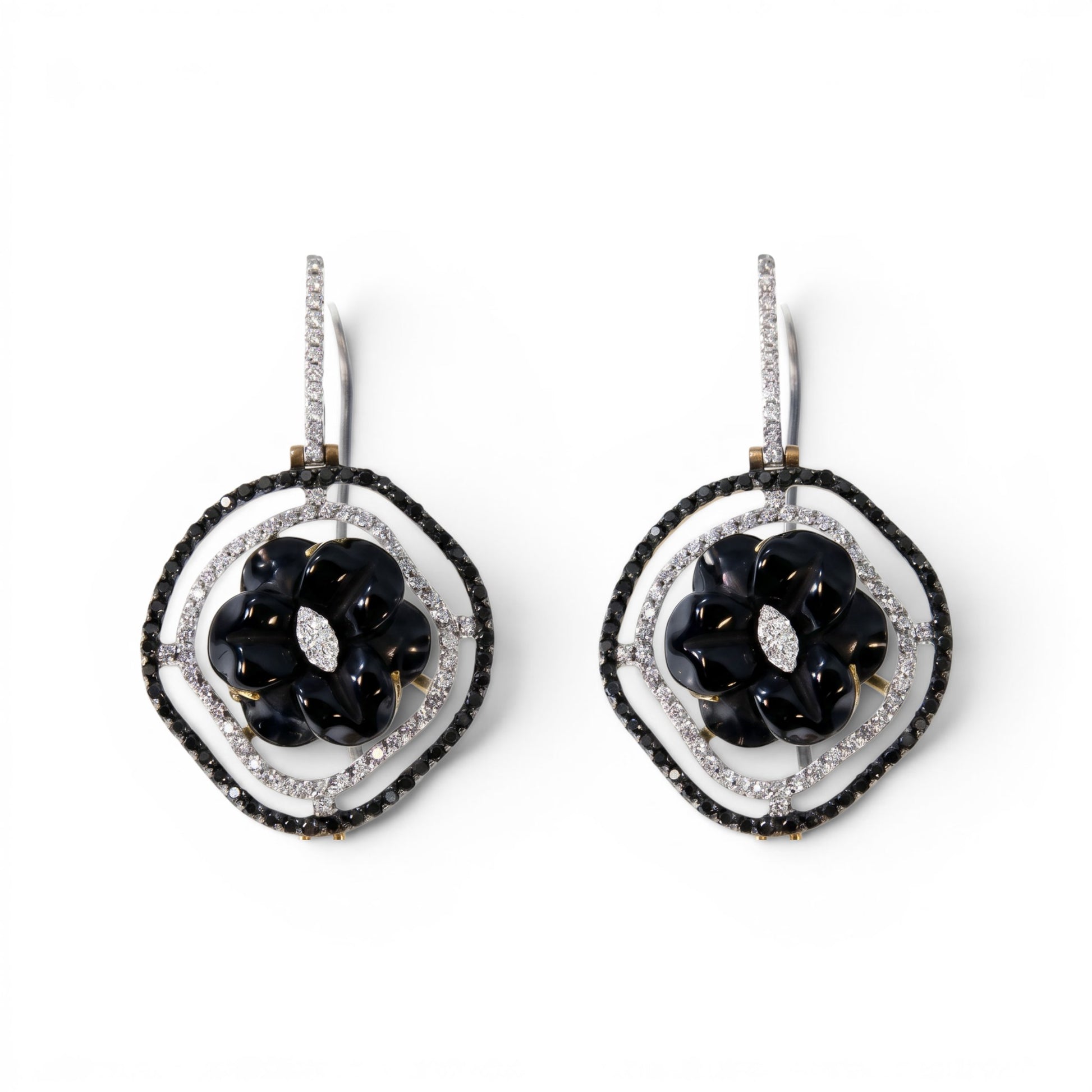 Trebor Style 18k gold drop earrings featuring a black onyx flower, pave white and black diamonds, and a keshi pearl.