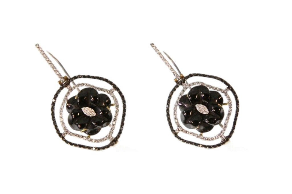 Trebor Style 18k gold drop earrings featuring black onyx flower, pave white and black diamonds, and keshi pearl drops.