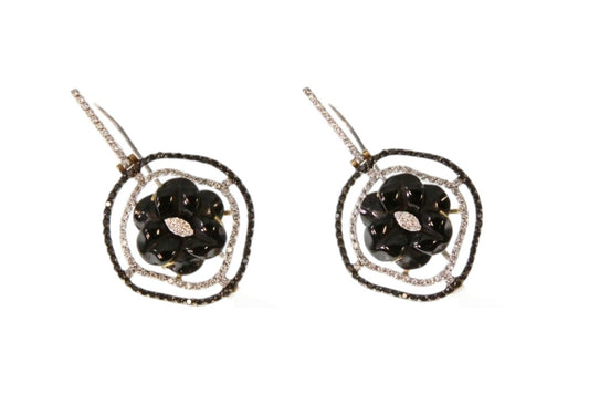 Trebor Style 18k gold drop earrings featuring black onyx flower, pave white and black diamonds, and keshi pearl drops.