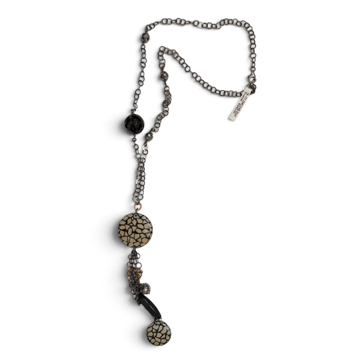 Trebor Style Y-necklace in dark rhodium plated sterling silver with black onyx beads and animal print enamel accents.