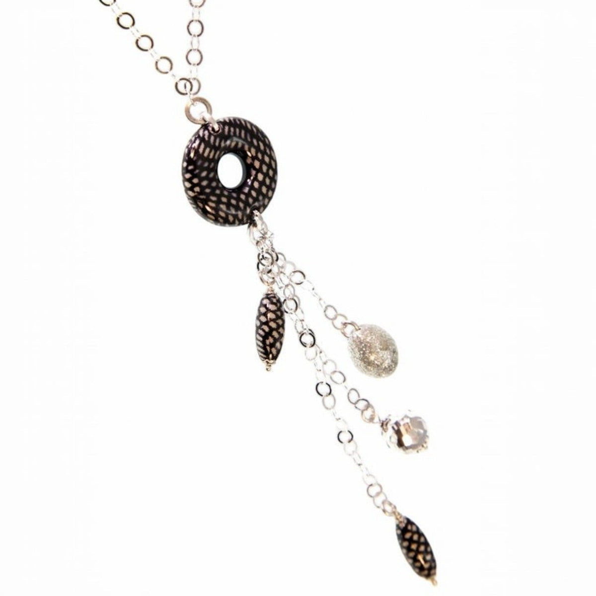 Trebor Style white onyx and enameled sterling silver Y-necklace with a patterned tassel drop and silver chain