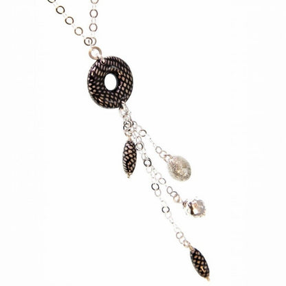 Trebor Style white onyx and enameled sterling silver Y-necklace with a patterned tassel drop and silver chain