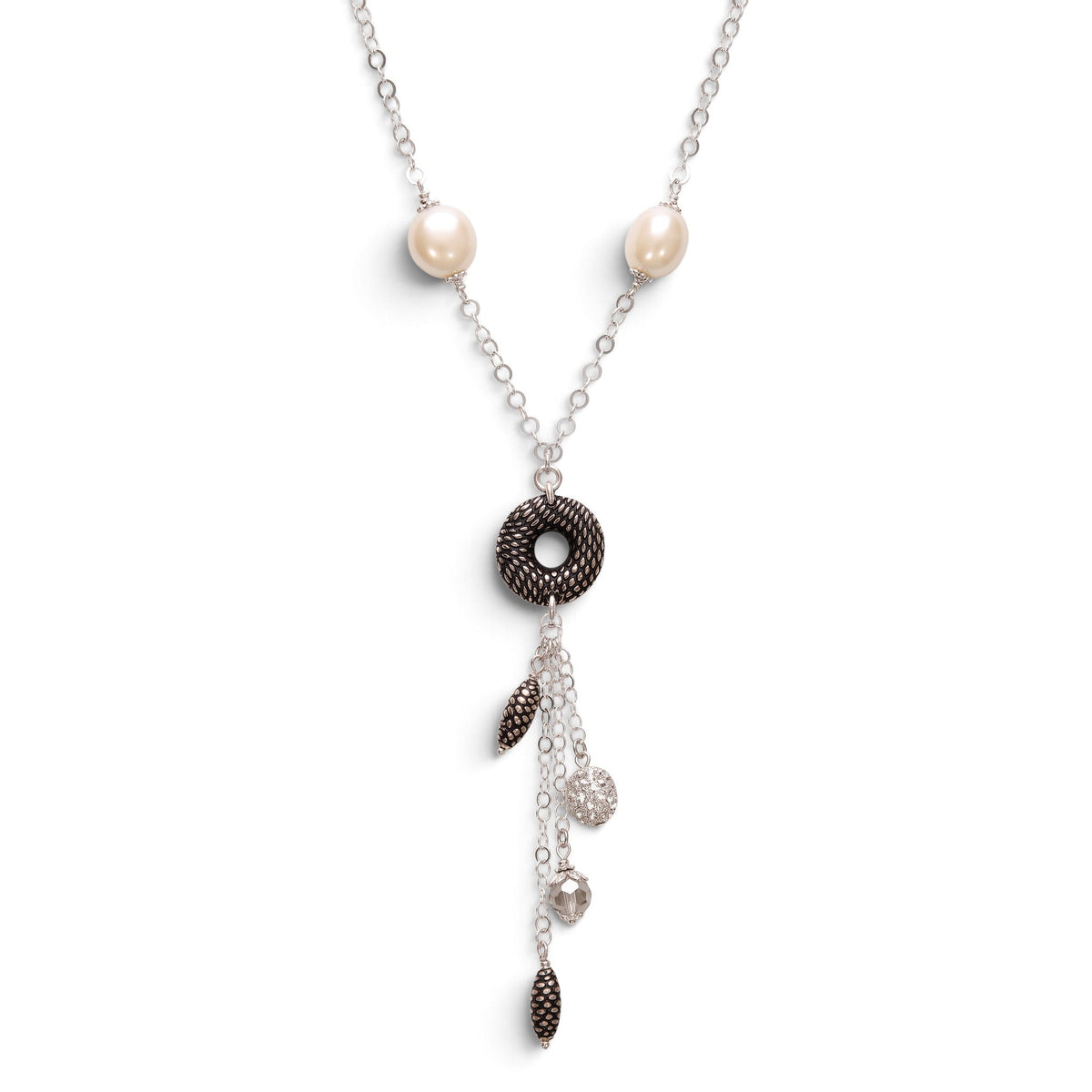 Trebor Style white onyx and enameled sterling silver Y-necklace with tassel drop and lobster clasp closure.