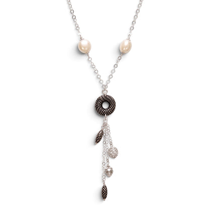 Trebor Style white onyx and enameled sterling silver Y-necklace with tassel drop and lobster clasp closure.