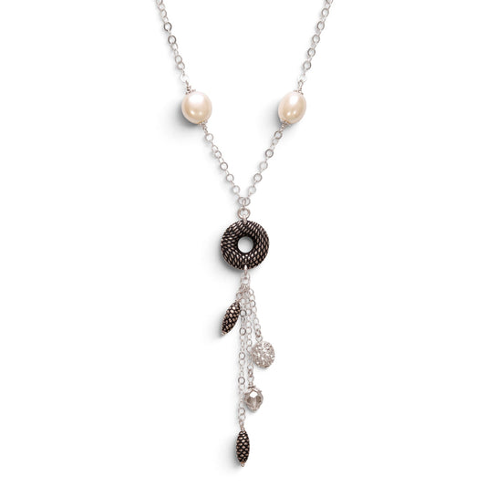 Trebor Style white onyx and enameled sterling silver Y-necklace with tassel drop and lobster clasp closure.