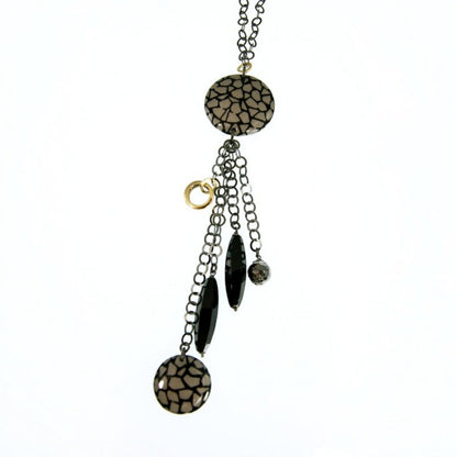 Trebor Style black onyx and enameled animal print bead tassel pendant necklace in dark rhodium plated sterling silver