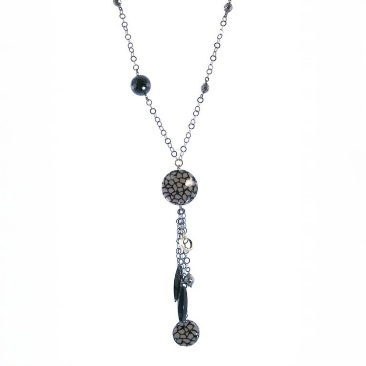 Trebor Style Y-necklace featuring black onyx, silver nuggets, and animal print enameled beads on dark rhodium silver.