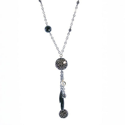 Trebor Style Y-necklace featuring black onyx, silver nuggets, and animal print enameled beads on dark rhodium silver.