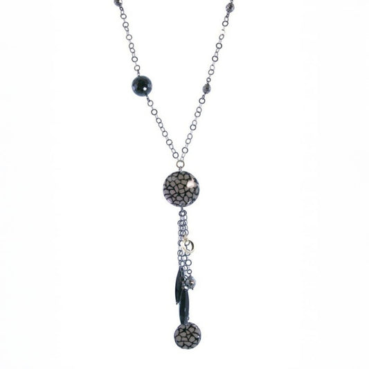 Trebor Style Y-necklace featuring black onyx, silver nuggets, and animal print enameled beads on dark rhodium silver.