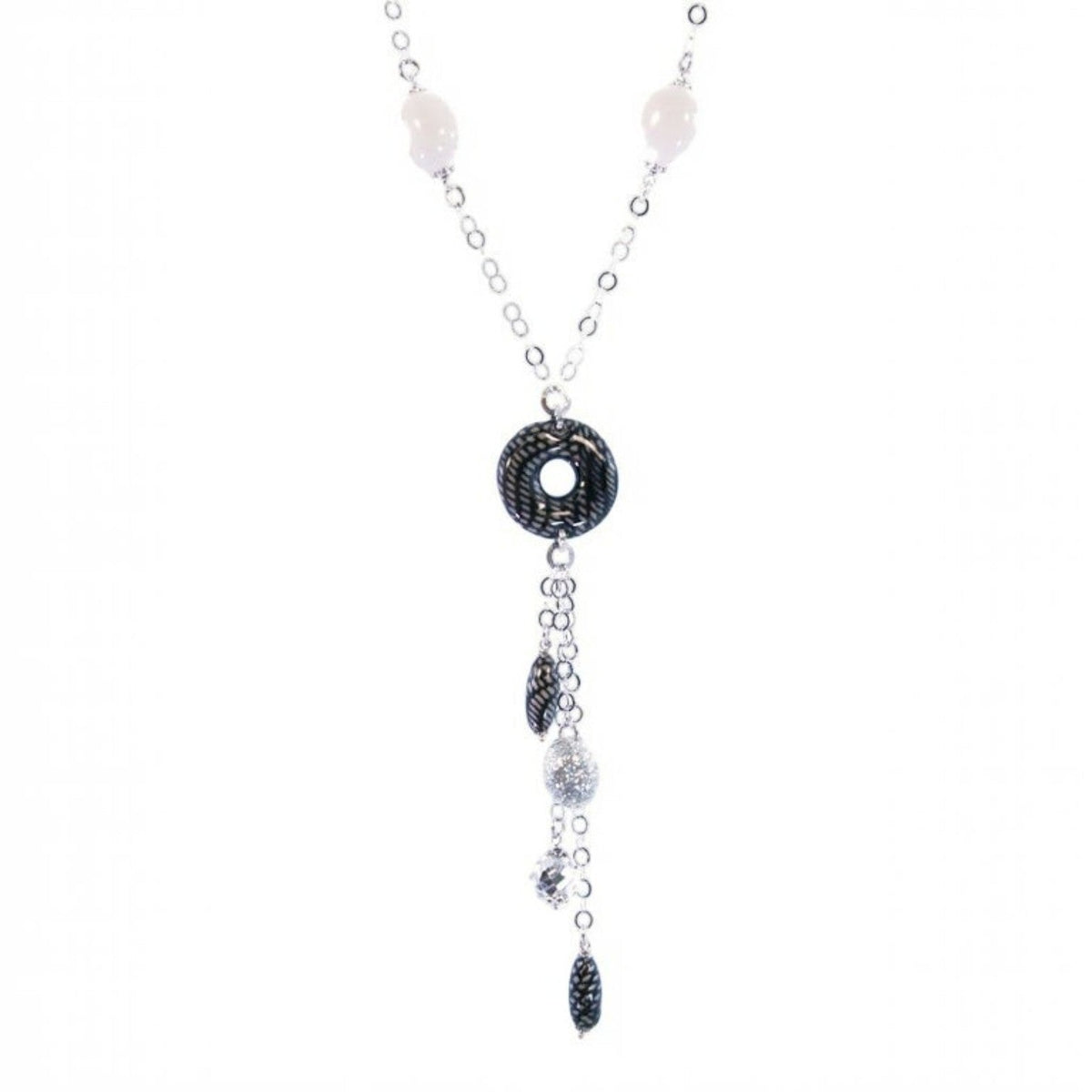 Trebor Style white onyx and enameled sterling silver Y-necklace with a decorative tassel drop and lobster clasp.