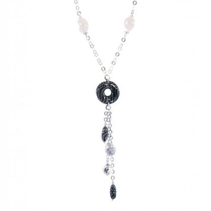 Trebor Style white onyx and enameled sterling silver Y-necklace with a decorative tassel drop and lobster clasp.