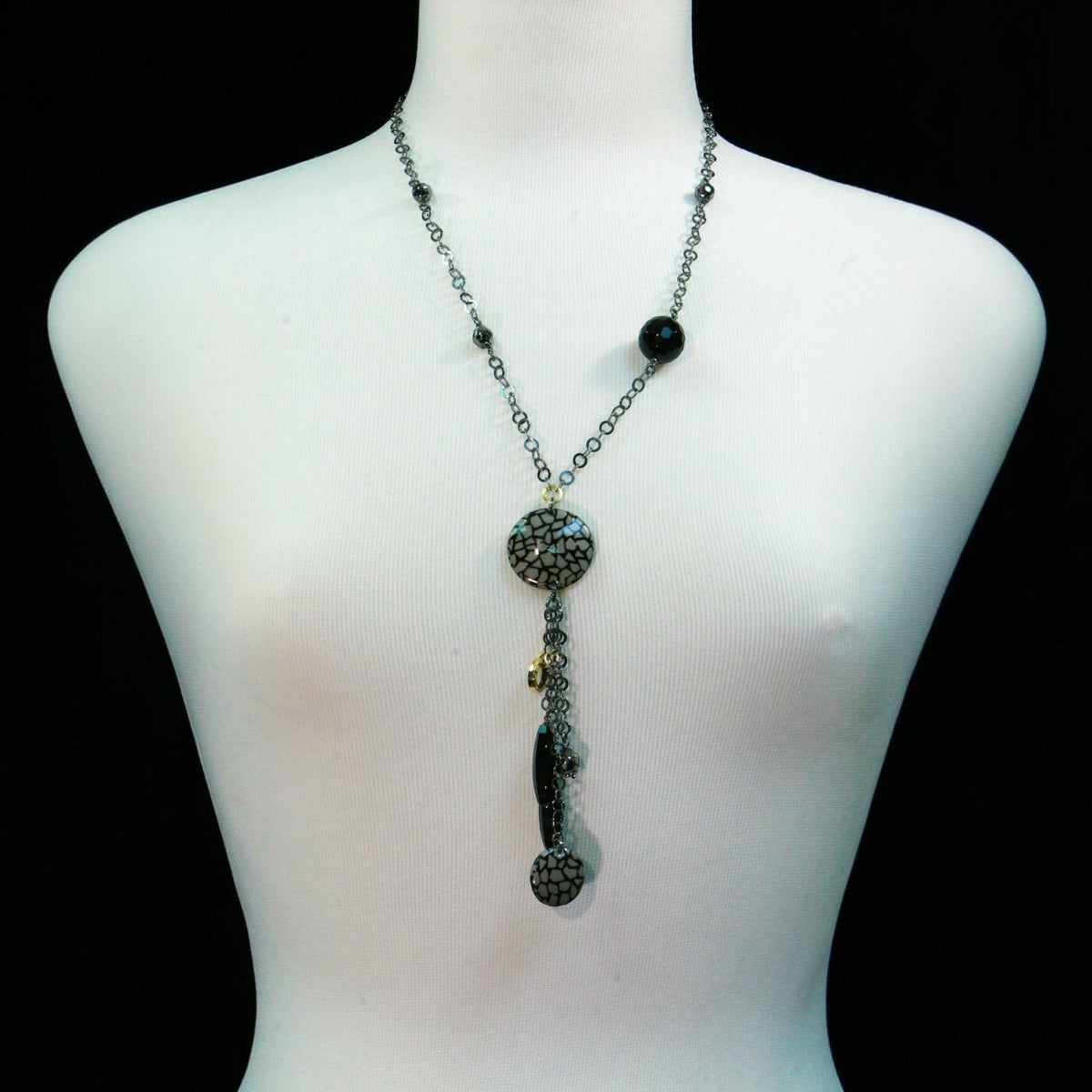 Trebor Style black onyx and enameled animal print bead Y-necklace in dark rhodium plated sterling silver