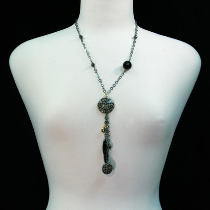 Trebor Style black onyx and enameled animal print bead Y-necklace in dark rhodium plated sterling silver