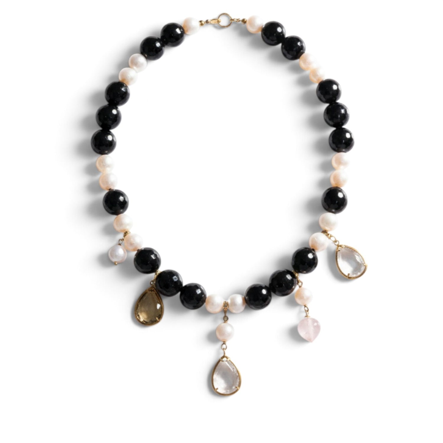 Trebor Style 18k gold necklace featuring black onyx beads, white pearls, and dangling quartz and pearl charm drops.