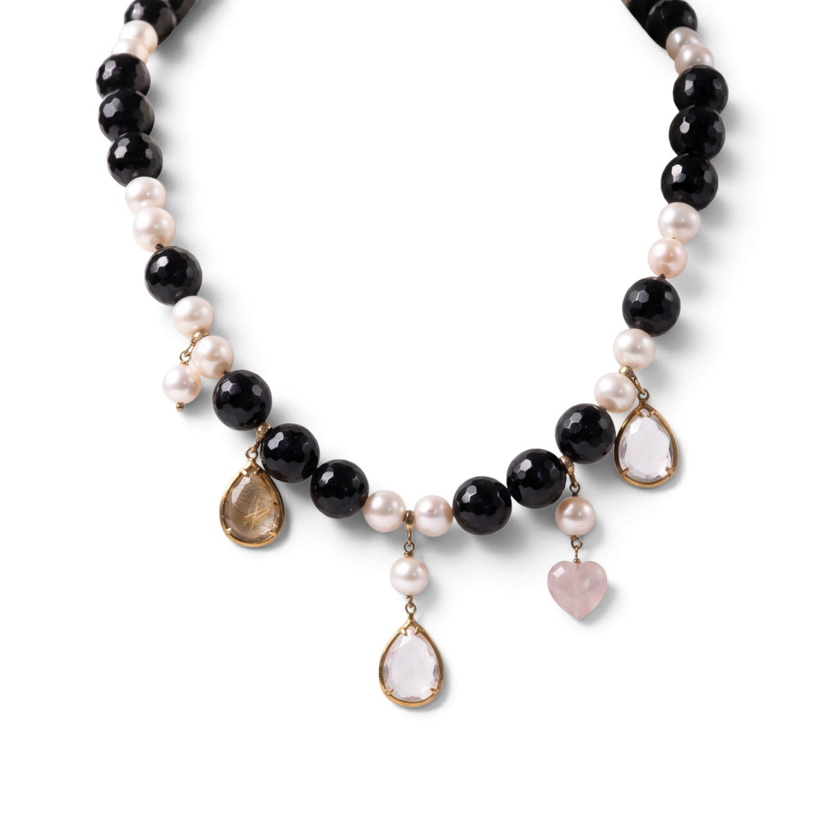 Trebor Style black onyx and white pearl necklace with 18k gold charm drops including pink and amber quartz
