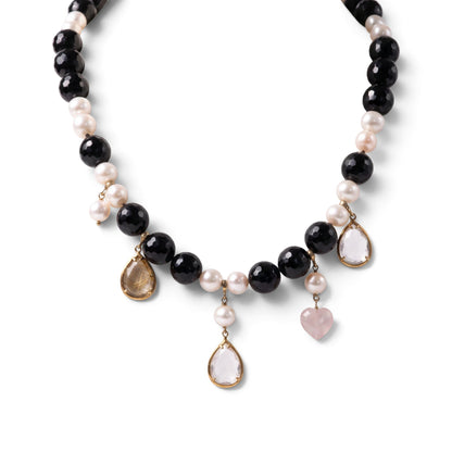 Trebor Style black onyx and white pearl necklace with 18k gold charm drops including pink and amber quartz