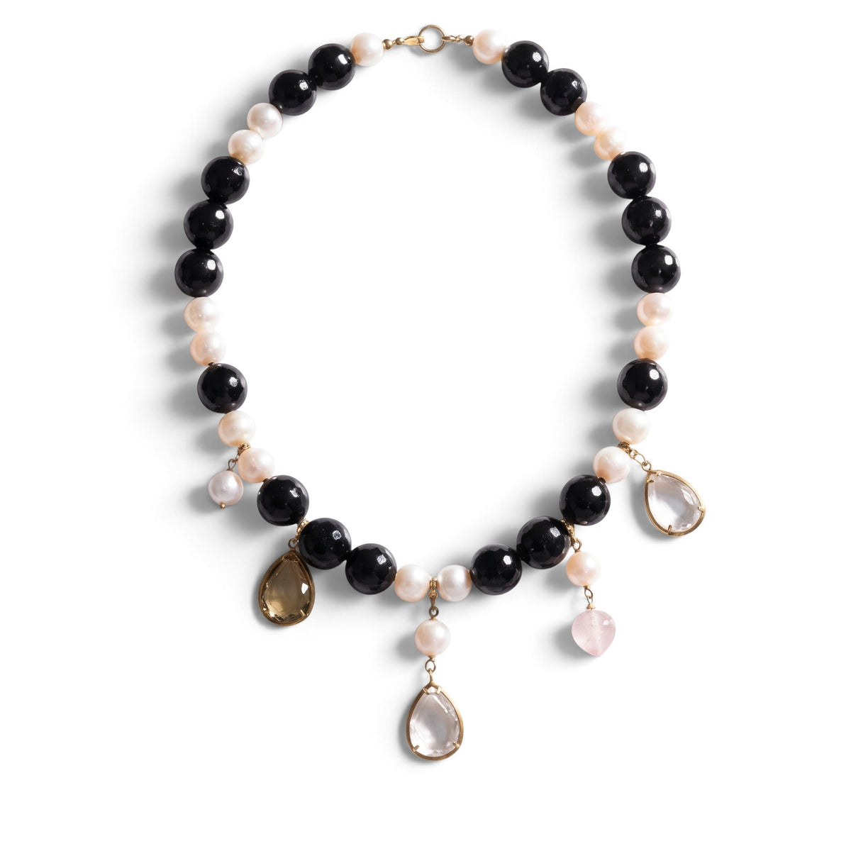 Trebor Style necklace featuring black onyx and white pearl beads with dangling pink and amber quartz charm drops.