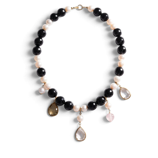 Trebor Style necklace featuring black onyx and white pearl beads with dangling pink and amber quartz charm drops.