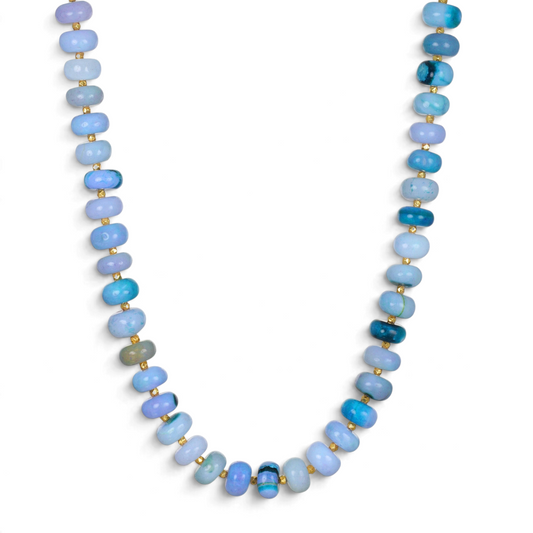 Trebor Style Spring Blues opal beaded necklace with 14k gold-dipped sterling silver accent beads on a white background.