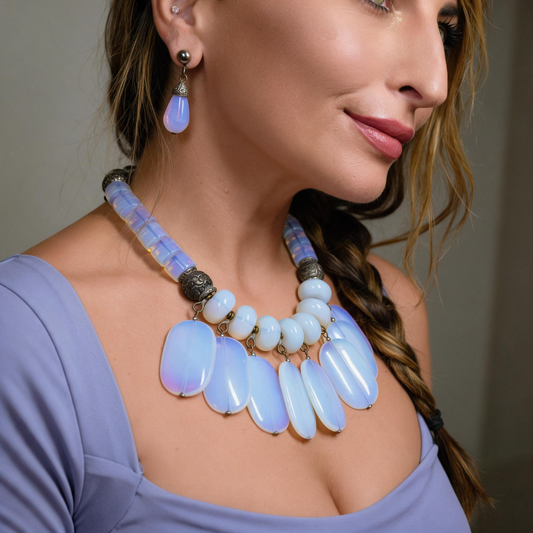 Trebor Style Masha Archer opalite milkglass fringe necklace with silver floral accents worn by a woman