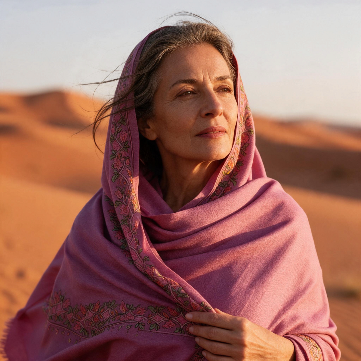 Trebor Style orchid wool-blend shawl with hand-embroidered floral borders worn by a woman in a desert landscape.