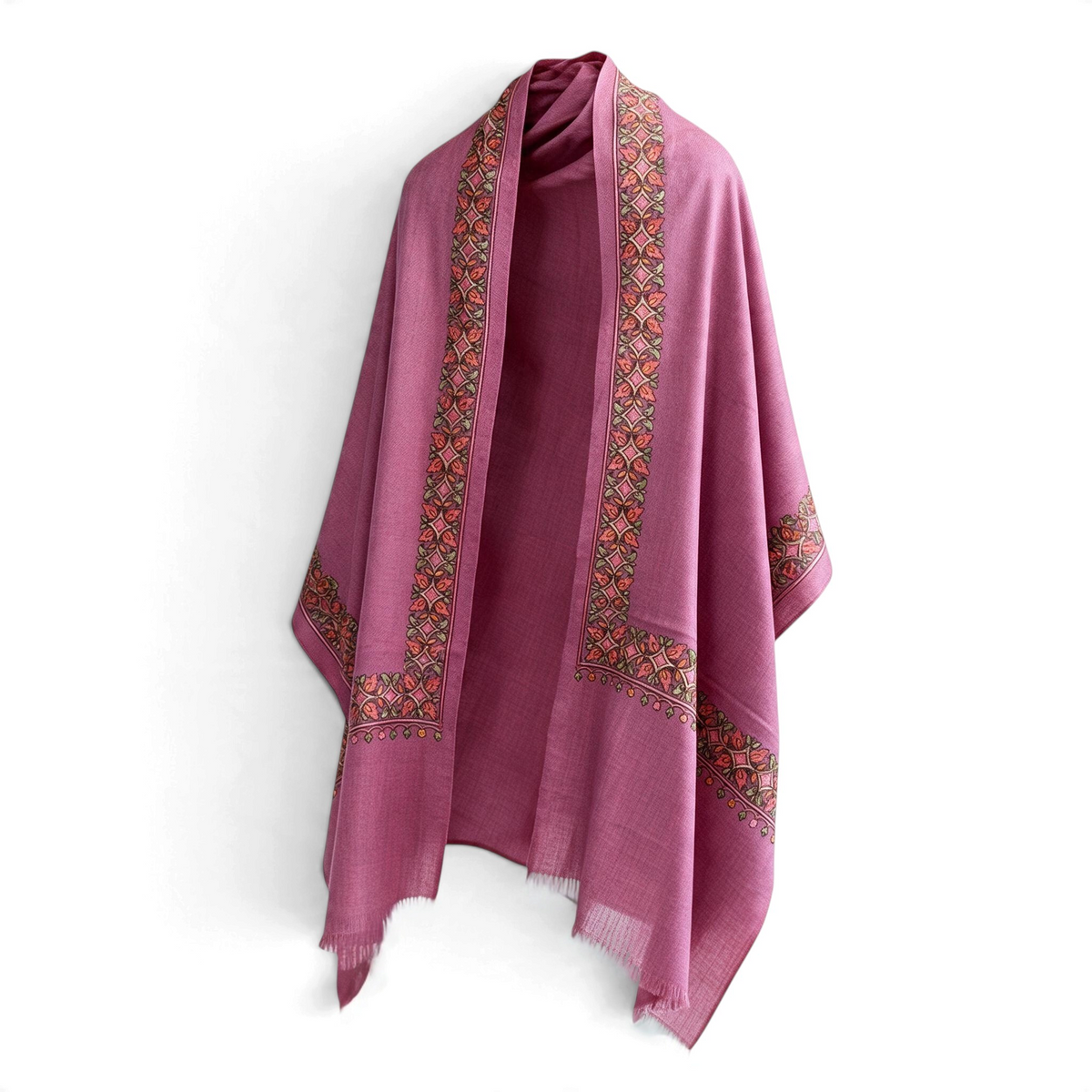 Trebor Style Taisha orchid wool-blend shawl with intricate hand-embroidered peach, pink, and green floral borders.