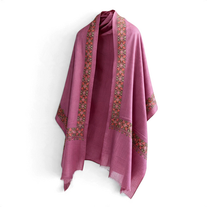 Trebor Style Taisha orchid wool-blend shawl with intricate hand-embroidered peach, pink, and green floral borders.
