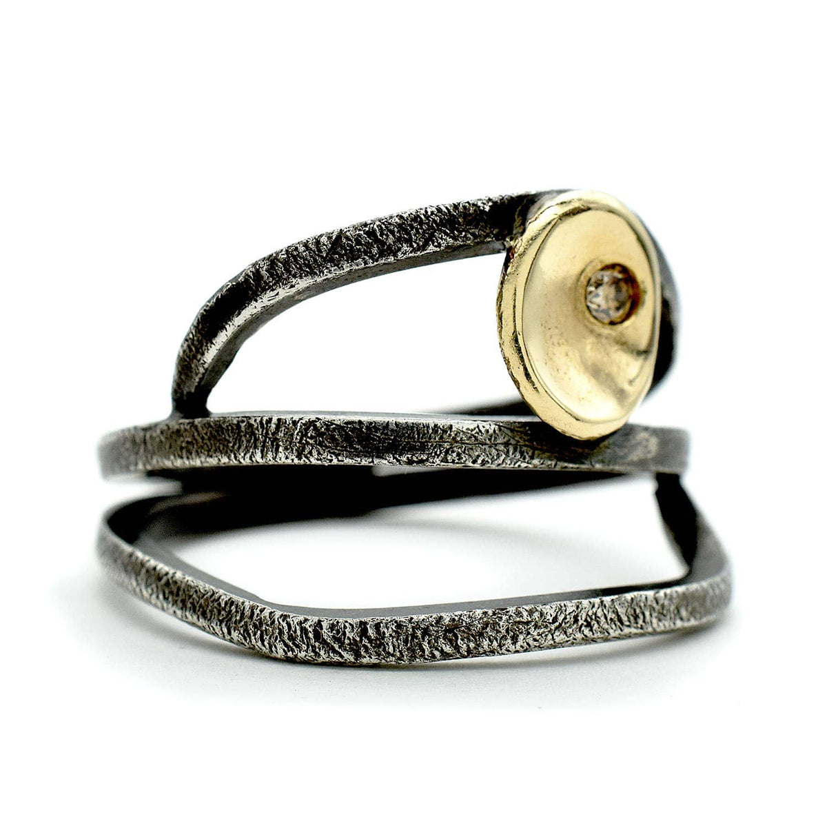 Trebor Style wrap ring in oxidized textured sterling silver with a 14kt gold cup and a cognac brown diamond.