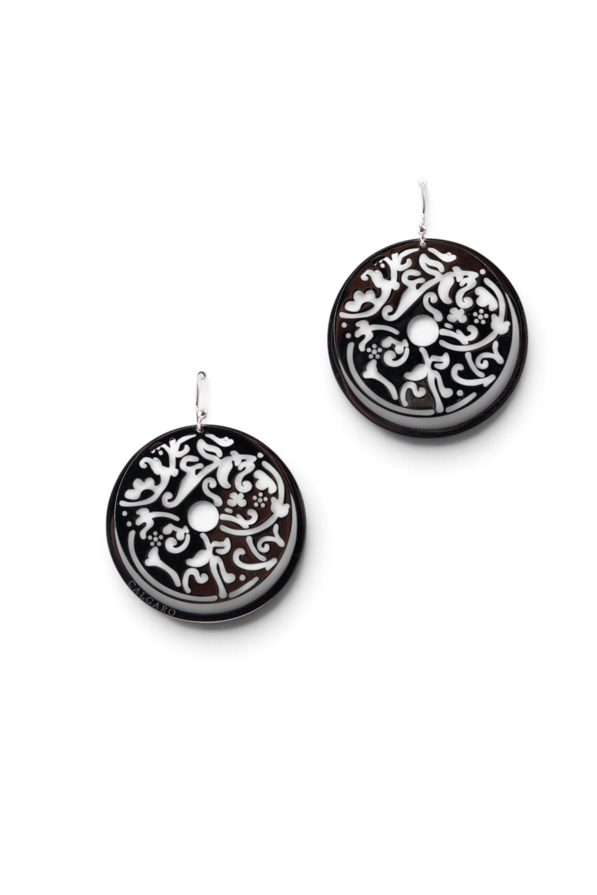 Trebor Style oxidized sterling silver filigree circle drop earrings with intricate laser-cut patterns on hooks