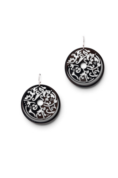 Trebor Style oxidized sterling silver filigree circle drop earrings with intricate laser-cut patterns on hooks