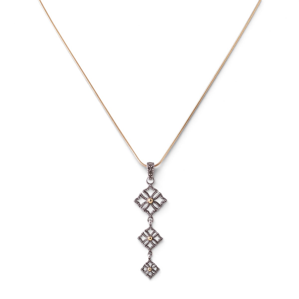 Trebor Style triple drop pendant necklace in oxidized sterling silver with 14k gold beads on an adjustable chain