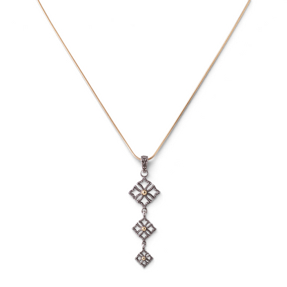 Trebor Style triple drop pendant necklace in oxidized sterling silver with 14k gold beads on an adjustable chain