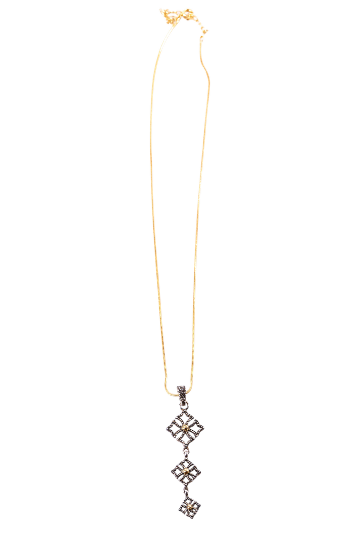 Trebor Style two-tone triple drop pendant necklace in oxidized sterling silver and 14k gold on a delicate chain.