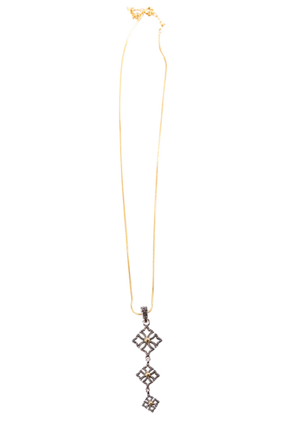 Trebor Style two-tone triple drop pendant necklace in oxidized sterling silver and 14k gold on a delicate chain.
