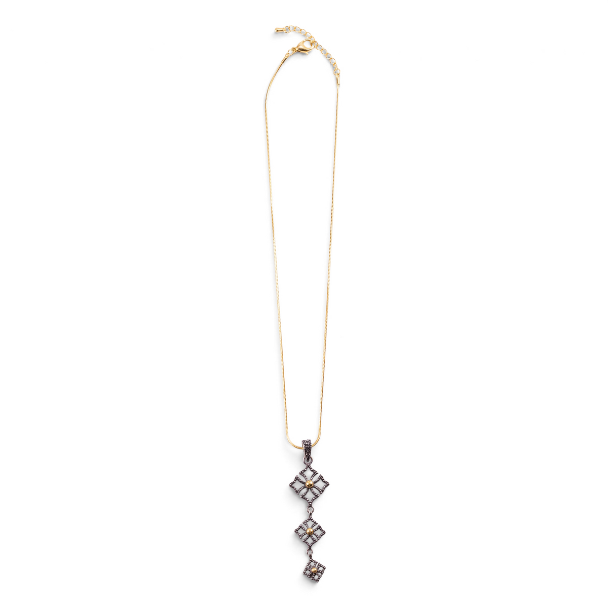 Trebor Style triple drop pendant necklace in oxidized sterling silver and 14k gold on an adjustable chain