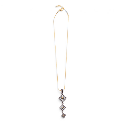 Trebor Style triple drop pendant necklace in oxidized sterling silver and 14k gold on an adjustable chain