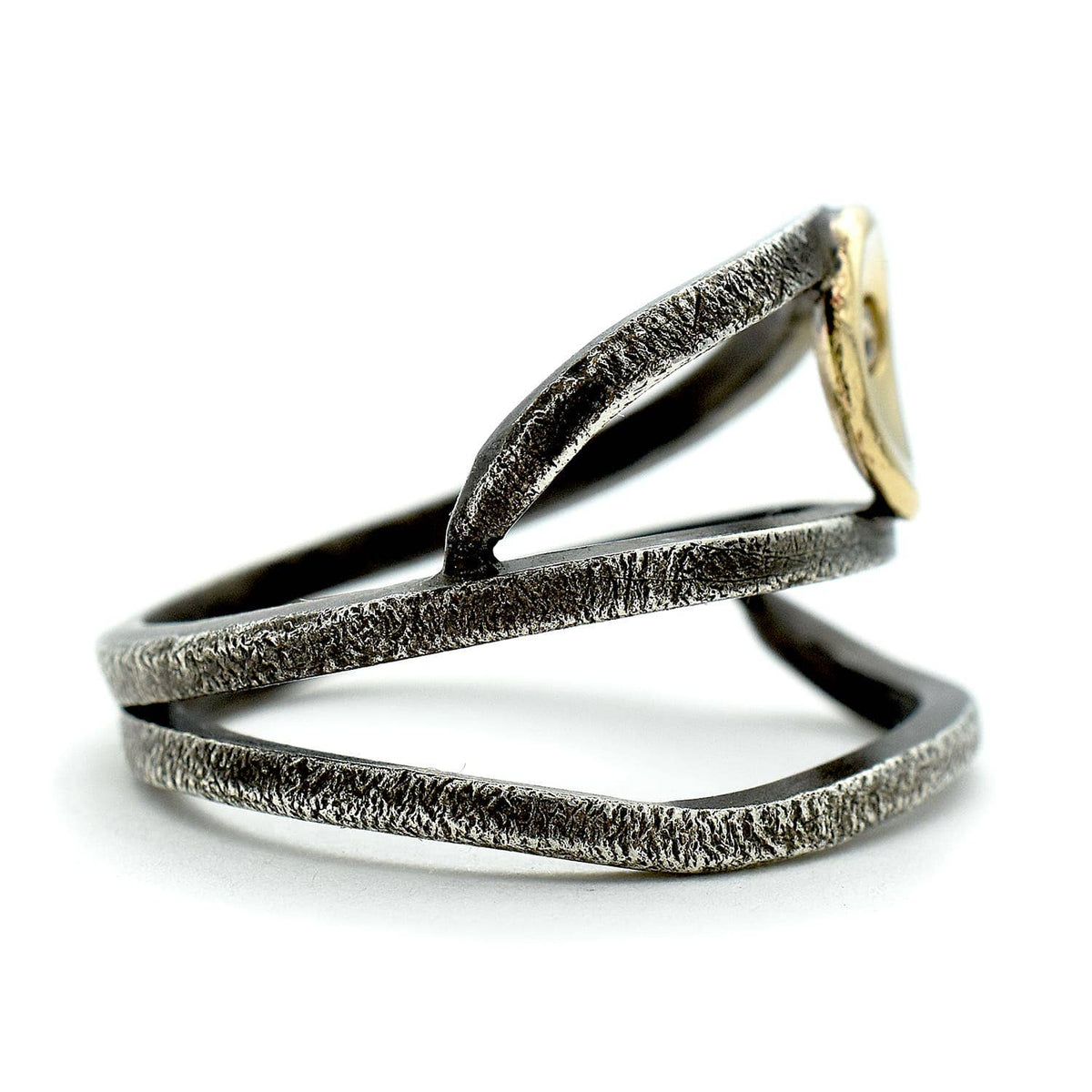 Trebor Style sterling wrap ring with oxidized textured silver, 14kt gold cup, and a cognac brown diamond.