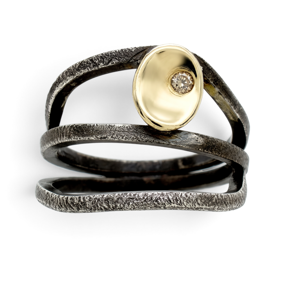 Trebor Style sterling wrap ring with oxidized textured silver, 14kt gold cup, and a cognac brown diamond.