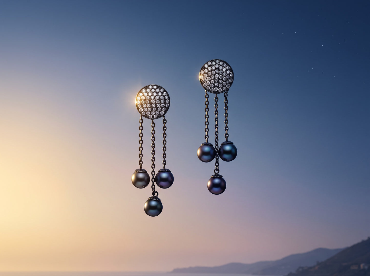 Trebor Style Dyanne Belle pavé disc earrings with triple chains and black Tahitian pearl drops in rhodium-plated silver