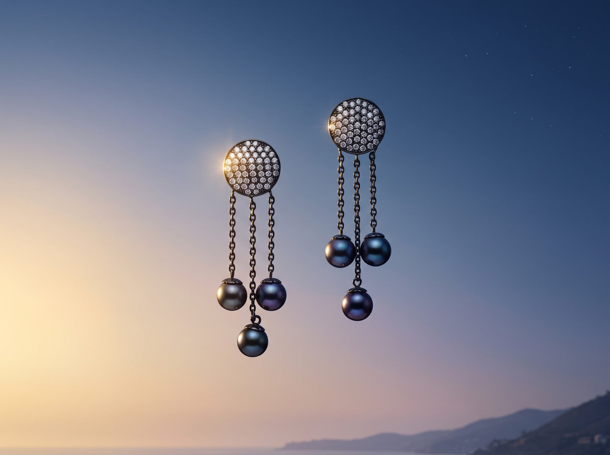 Trebor Style Dyanne Belle pavé disc earrings with triple chains and black Tahitian pearl drops in rhodium-plated silver