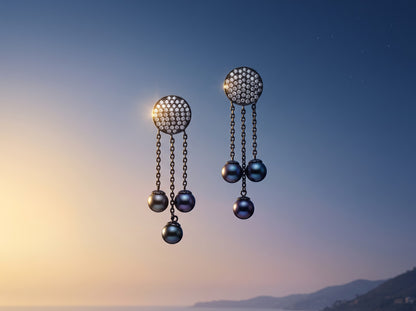 Trebor Style Dyanne Belle pavé disc earrings with triple chains and black Tahitian pearl drops in rhodium-plated silver