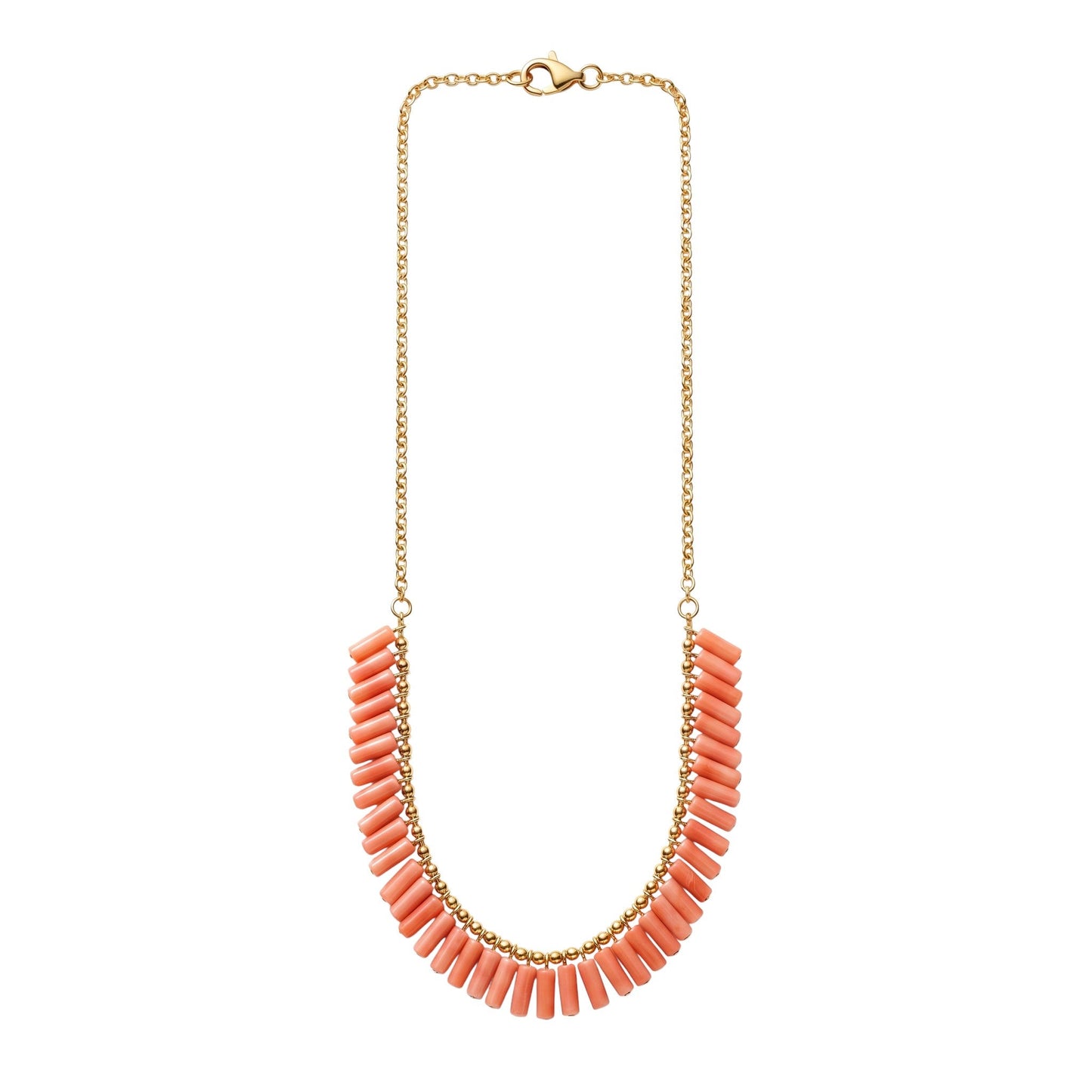 Trebor Style peach coral bead necklace with gold filled chain and clasp, 19 inch length