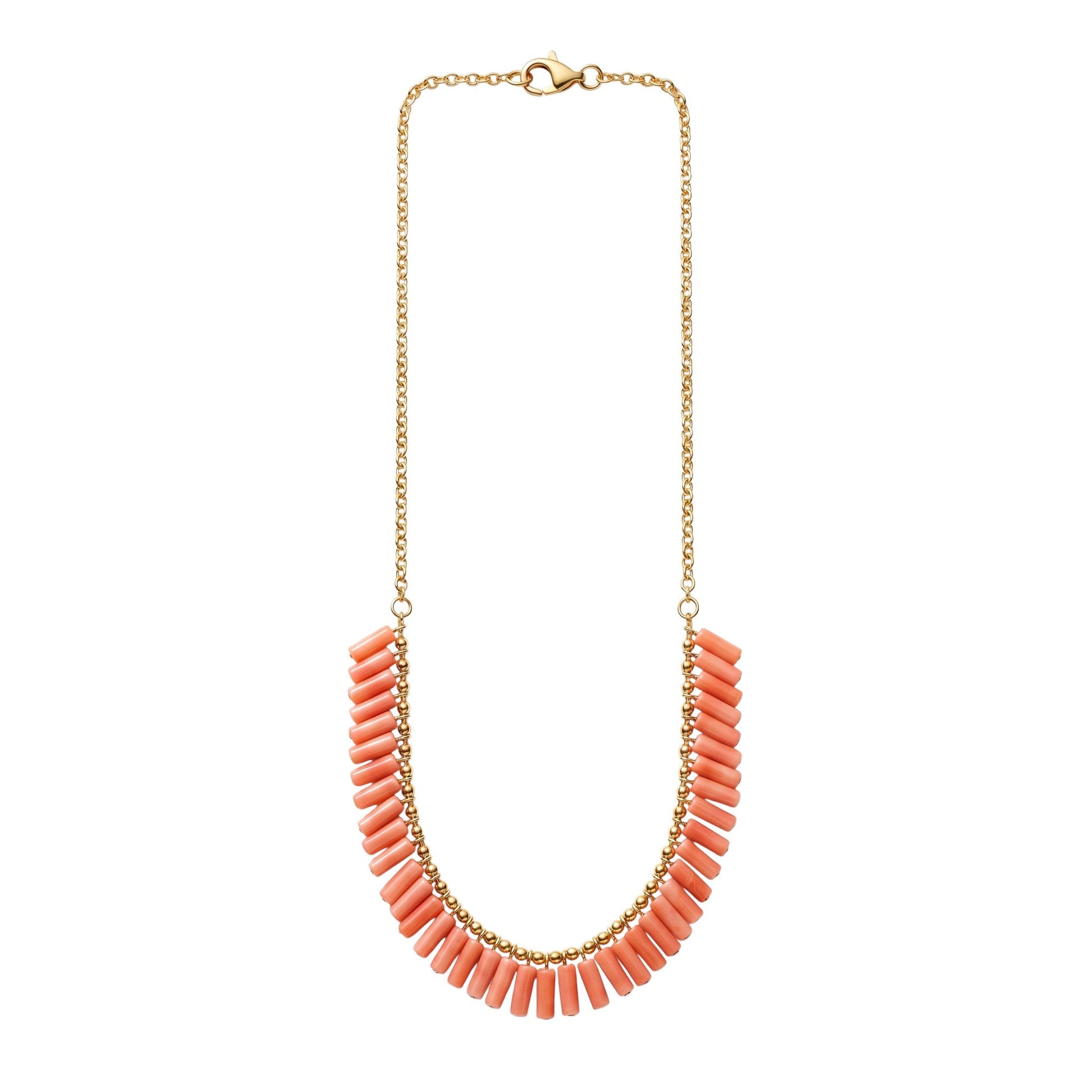 Trebor Style peach coral bead necklace with gold filled chain and clasp, 19 inch length